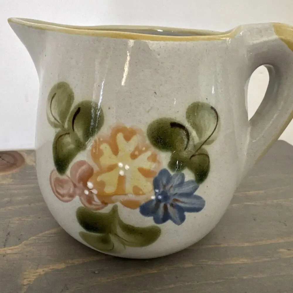 Louisville Stoneware Pitcher Country Flowers Yellow Kentucky Pottery 4.5” Inches